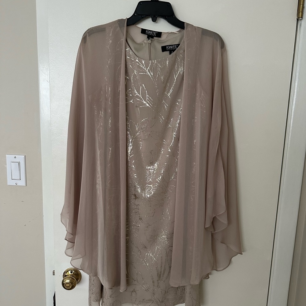 Dress and Shaw set in cream with metallic detail